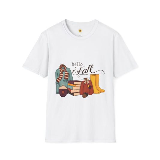 Hello Fall T-Shirt — Cozy Autumn Boots & Scarf Graphic Tee