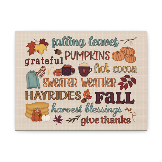 Fall Word Art Canvas - 'Fall, Pumpkins, Hot Cocoa' Autumn Wall Decor
