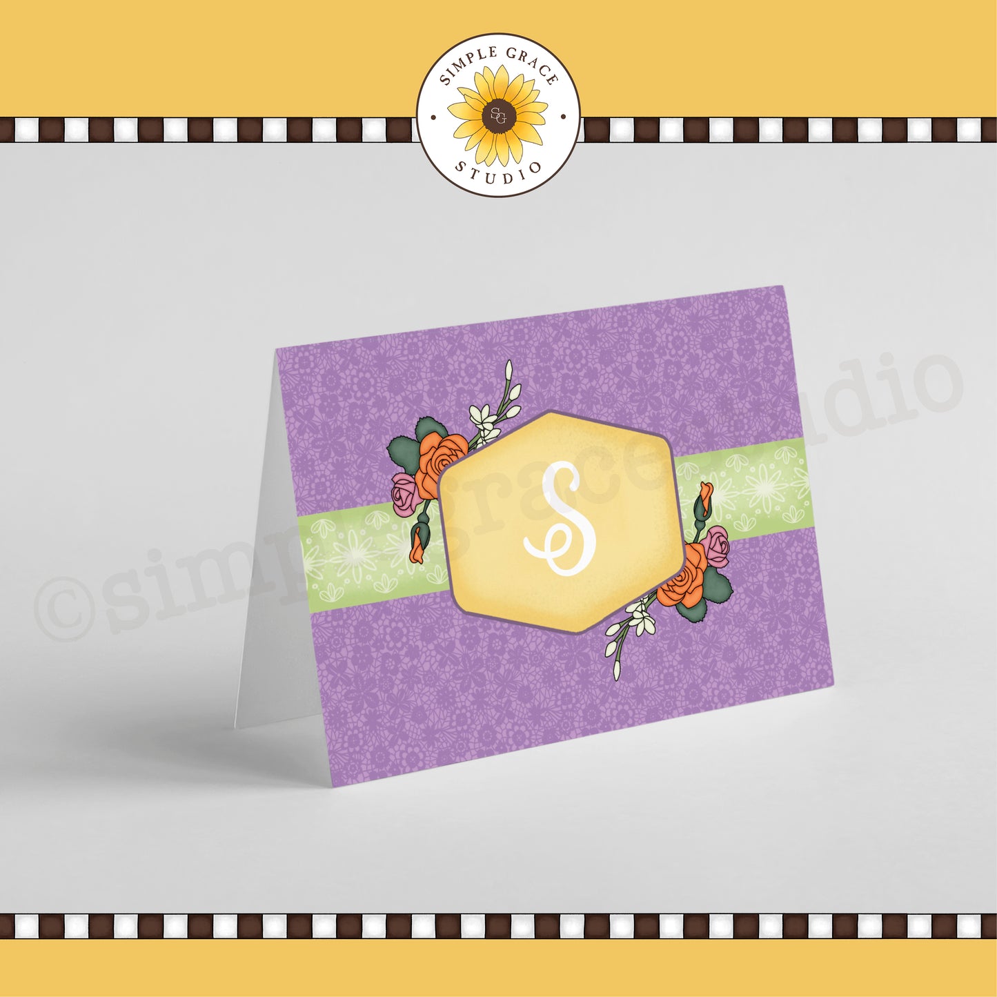 Folded Monogram Note Card - Purple