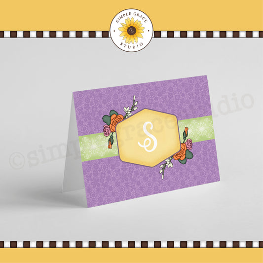 Folded Monogram Note Card - Purple