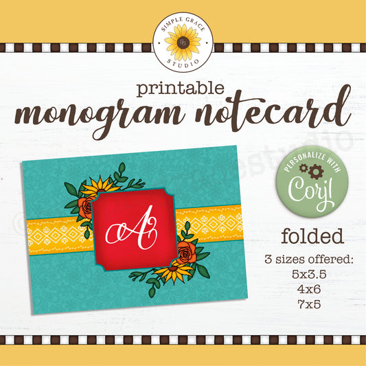 Folded Monogram Notecard - Teal