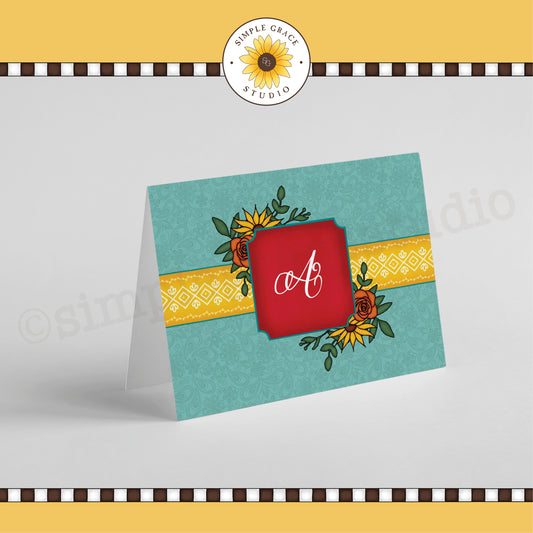 Folded Monogram Notecard - Teal