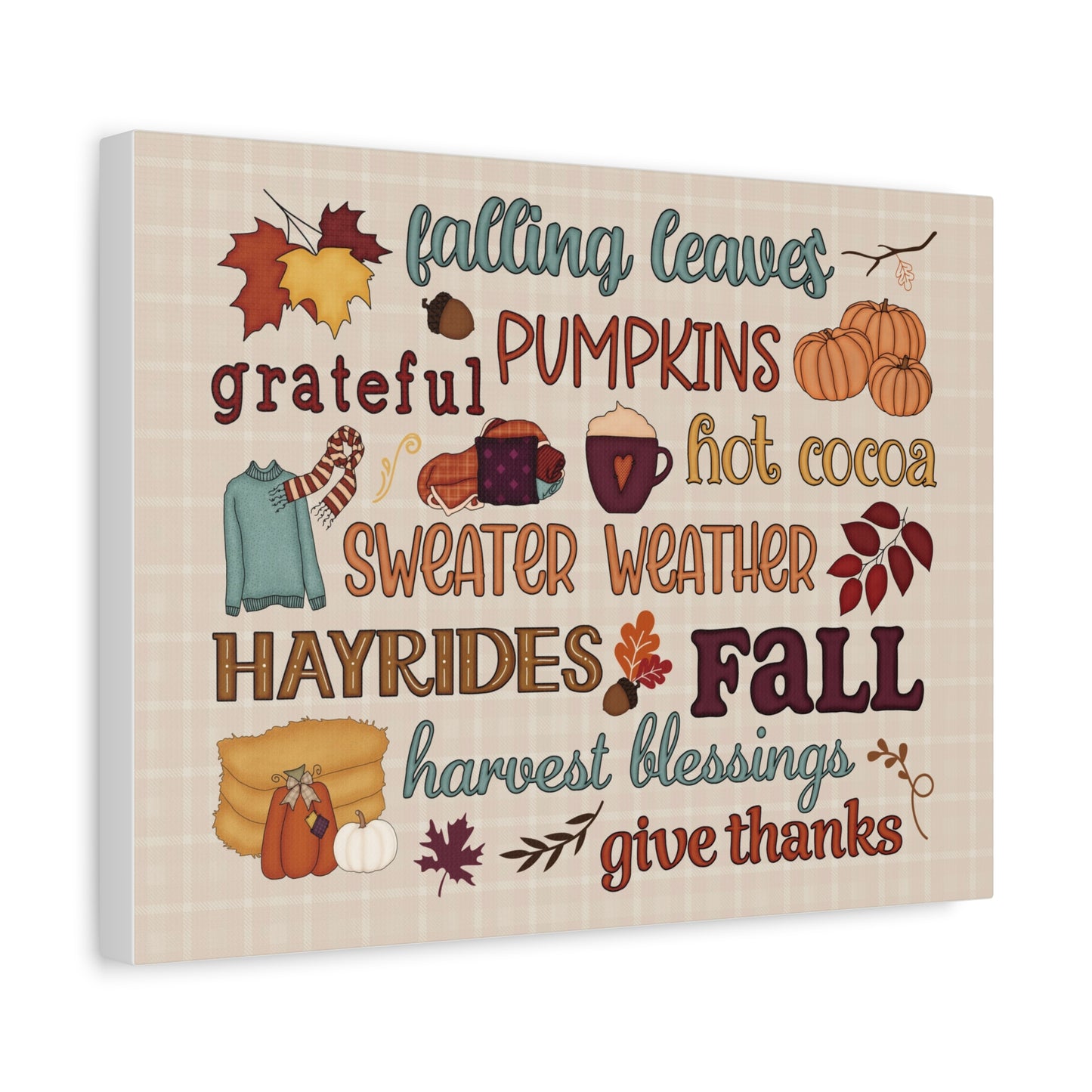 Fall Word Art Canvas - 'Fall, Pumpkins, Hot Cocoa' Autumn Wall Decor