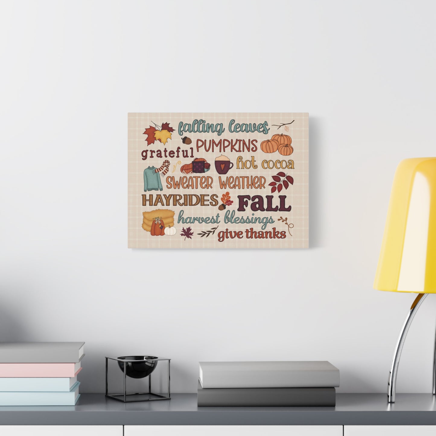Fall Word Art Canvas - 'Fall, Pumpkins, Hot Cocoa' Autumn Wall Decor
