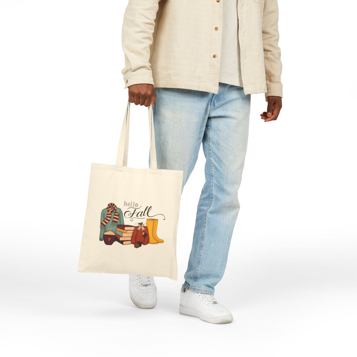 Hello Fall Canvas Tote Bag — Autumn Boots, Scarf & Pumpkin Market Bag
