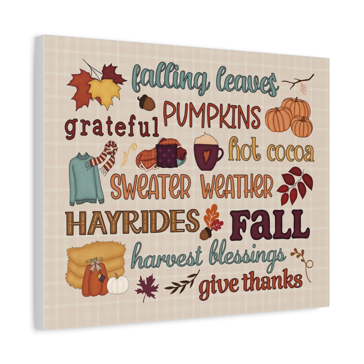 Fall Word Art Canvas - 'Fall, Pumpkins, Hot Cocoa' Autumn Wall Decor