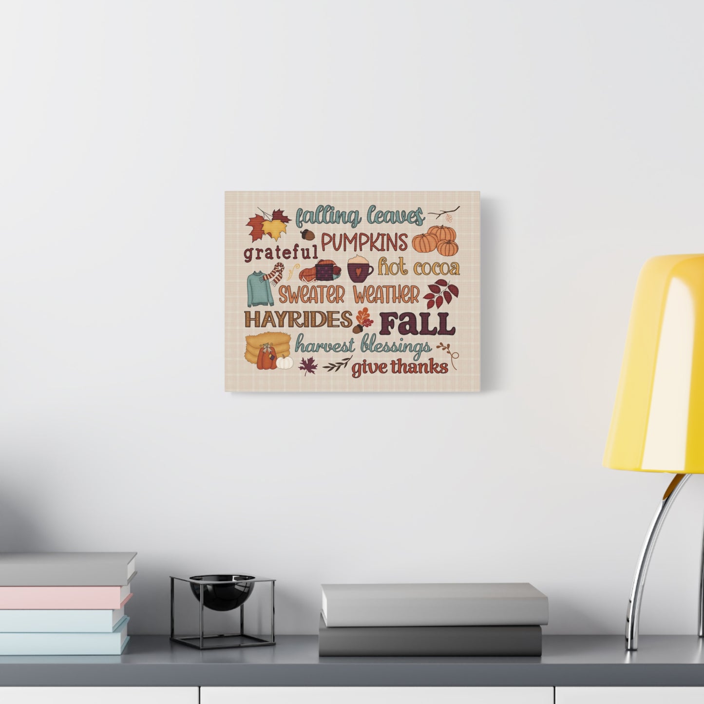 Fall Word Art Canvas - 'Fall, Pumpkins, Hot Cocoa' Autumn Wall Decor