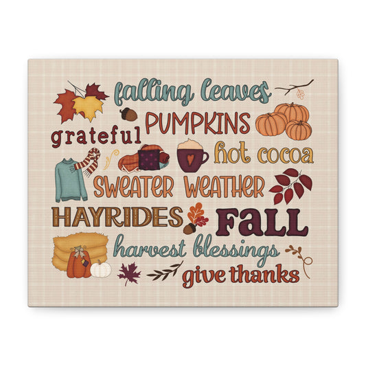 Fall Word Art Canvas - 'Fall, Pumpkins, Hot Cocoa' Autumn Wall Decor