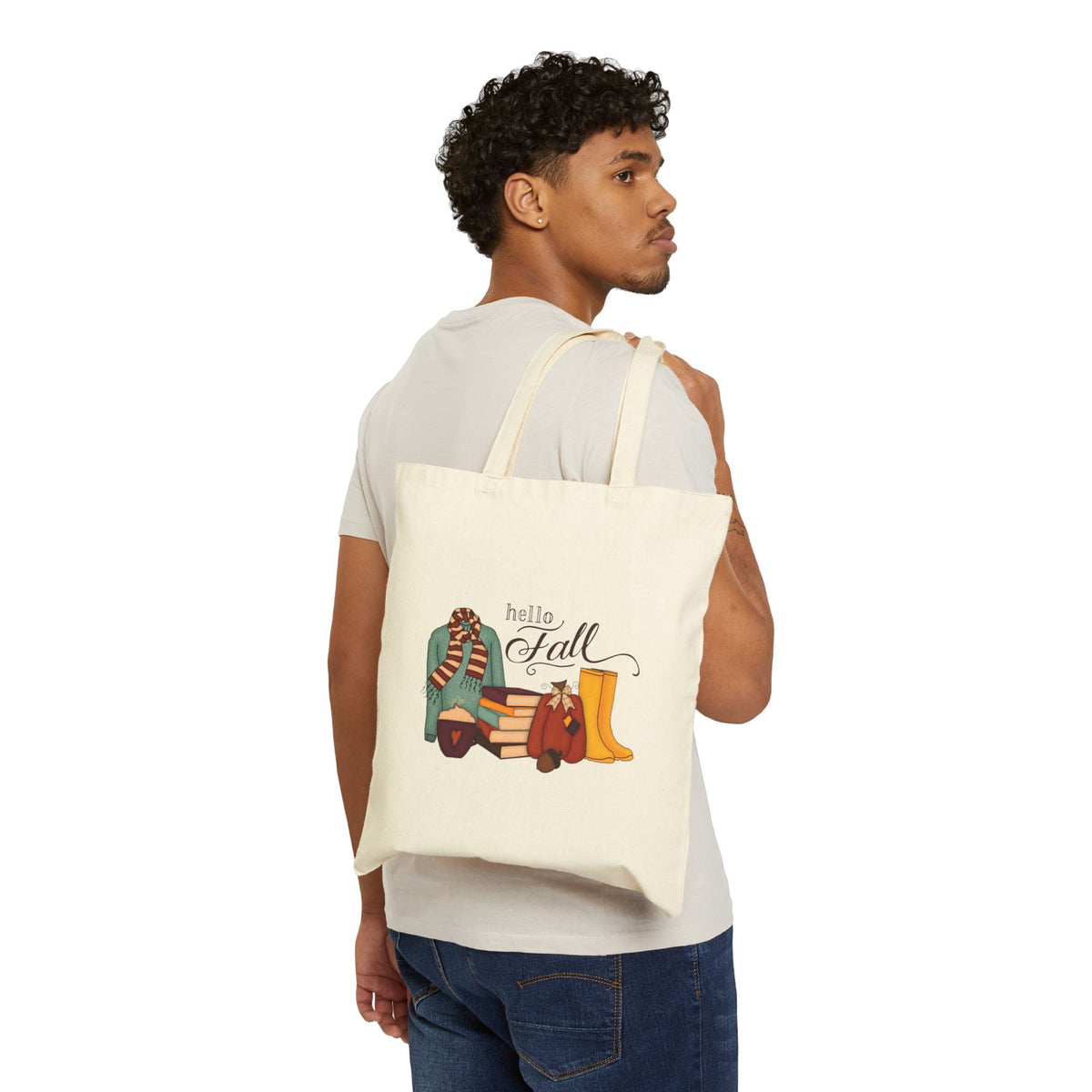 Hello Fall Canvas Tote Bag — Autumn Boots, Scarf & Pumpkin Market Bag