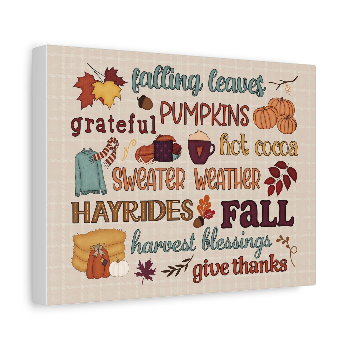 Fall Word Art Canvas - 'Fall, Pumpkins, Hot Cocoa' Autumn Wall Decor