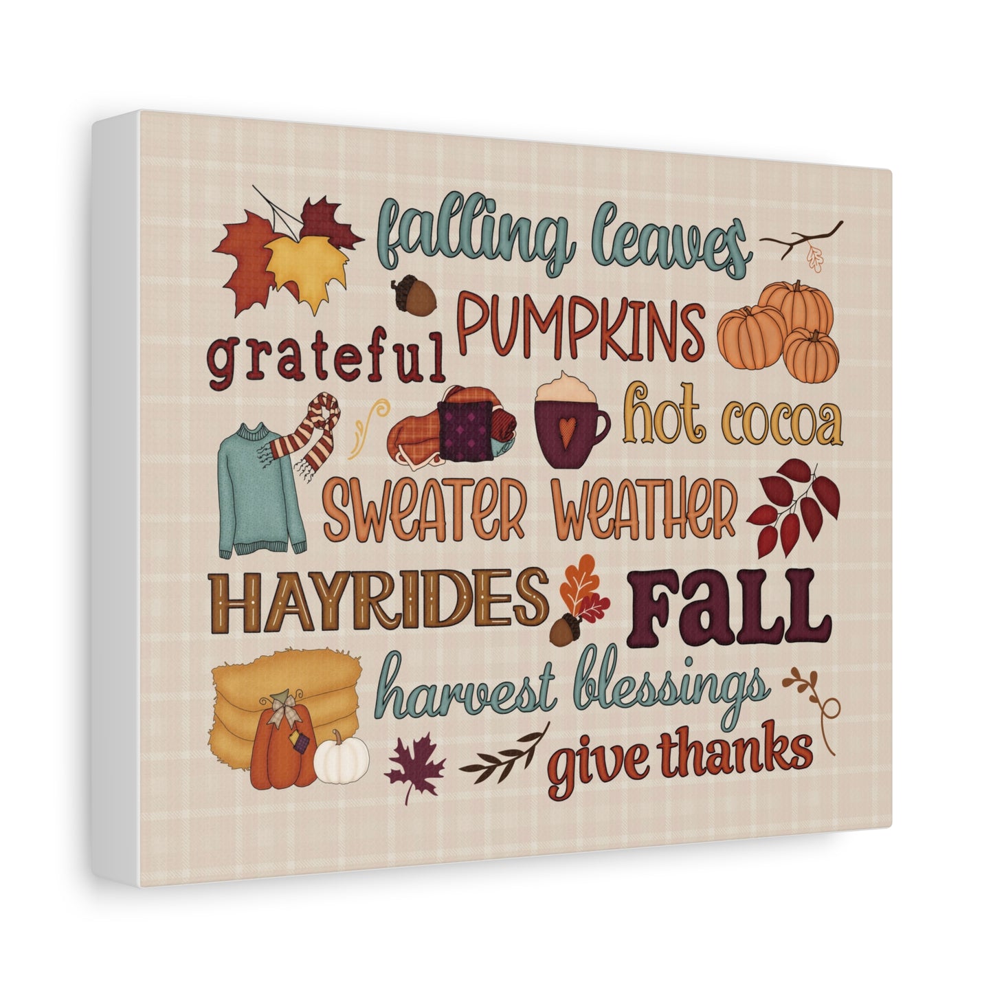 Fall Word Art Canvas - 'Fall, Pumpkins, Hot Cocoa' Autumn Wall Decor