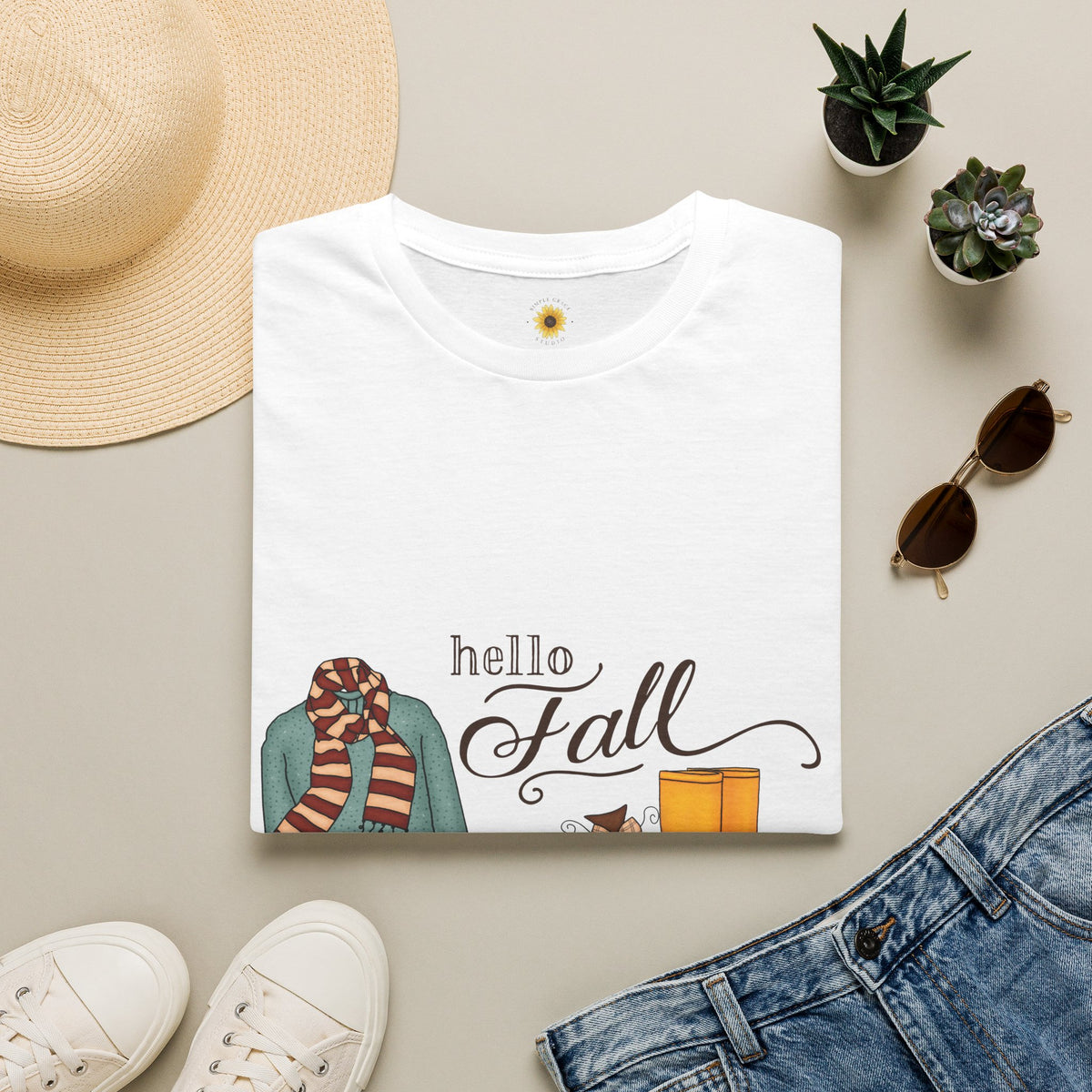 Hello Fall T-Shirt — Cozy Autumn Boots & Scarf Graphic Tee