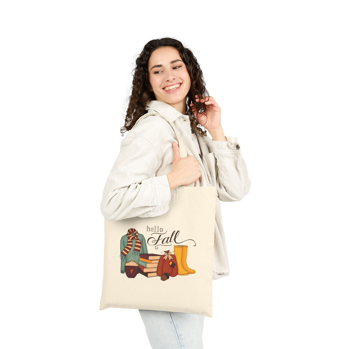 Hello Fall Canvas Tote Bag — Autumn Boots, Scarf & Pumpkin Market Bag