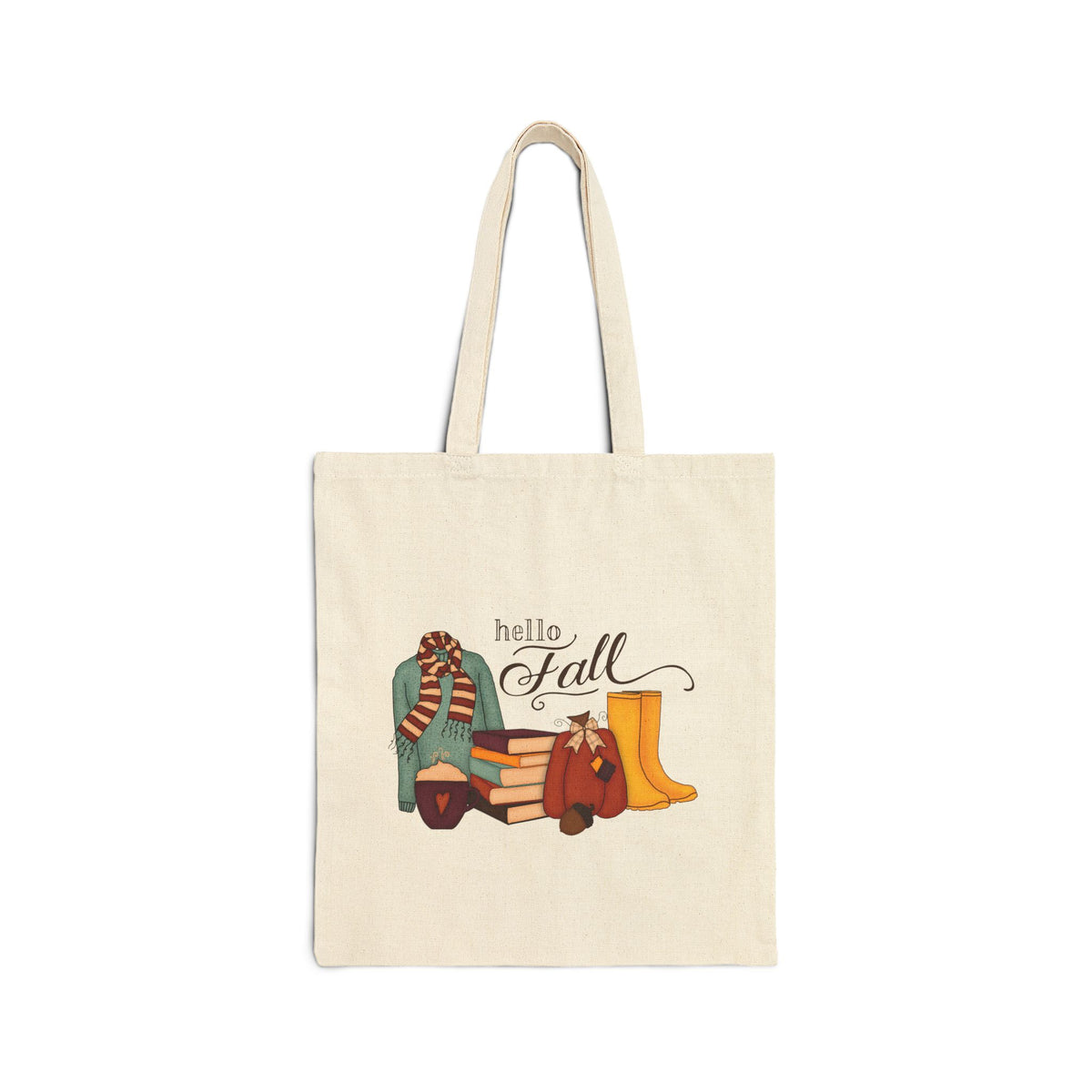 Hello Fall Canvas Tote Bag — Autumn Boots, Scarf & Pumpkin Market Bag