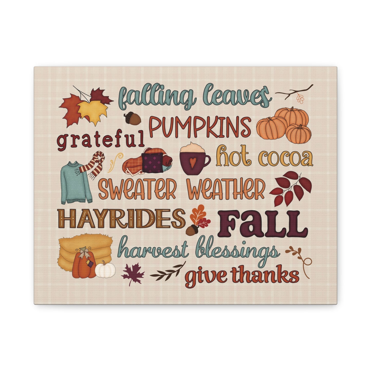 Fall Word Art Canvas - 'Fall, Pumpkins, Hot Cocoa' Autumn Wall Decor