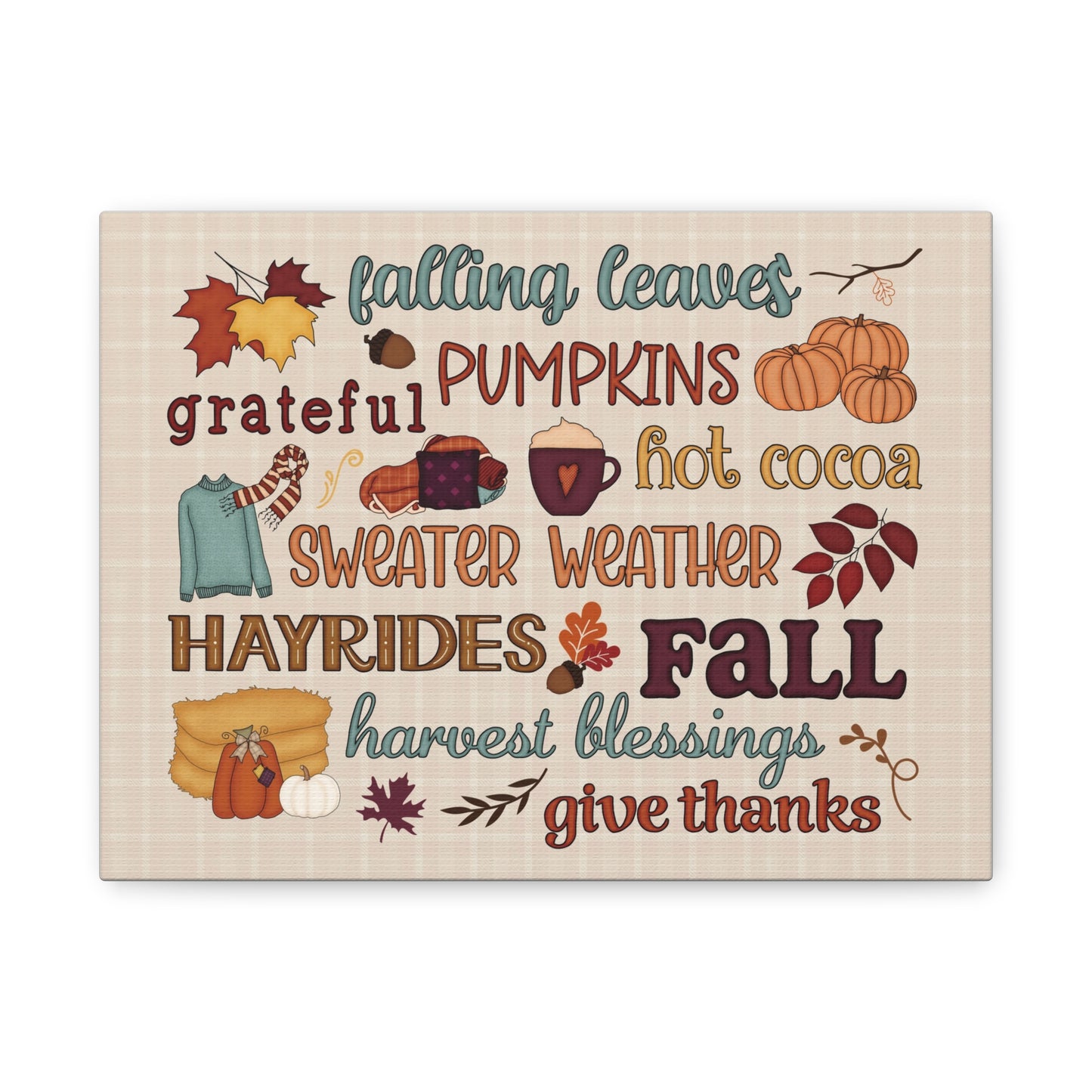 Fall Word Art Canvas - 'Fall, Pumpkins, Hot Cocoa' Autumn Wall Decor
