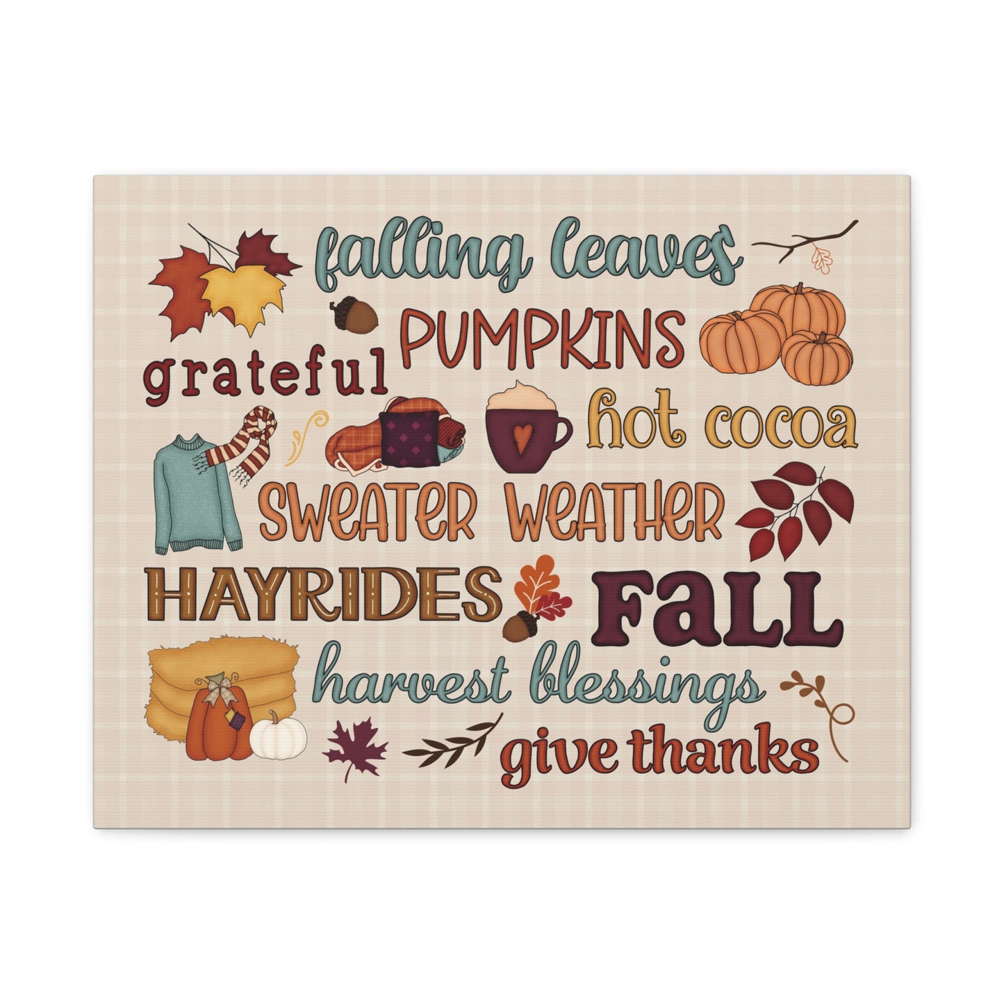 Fall Word Art Canvas - 'Fall, Pumpkins, Hot Cocoa' Autumn Wall Decor
