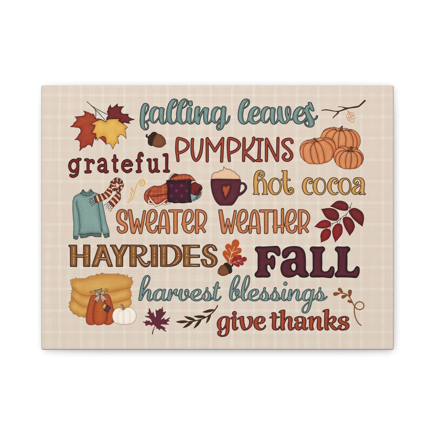 Fall Word Art Canvas - 'Fall, Pumpkins, Hot Cocoa' Autumn Wall Decor